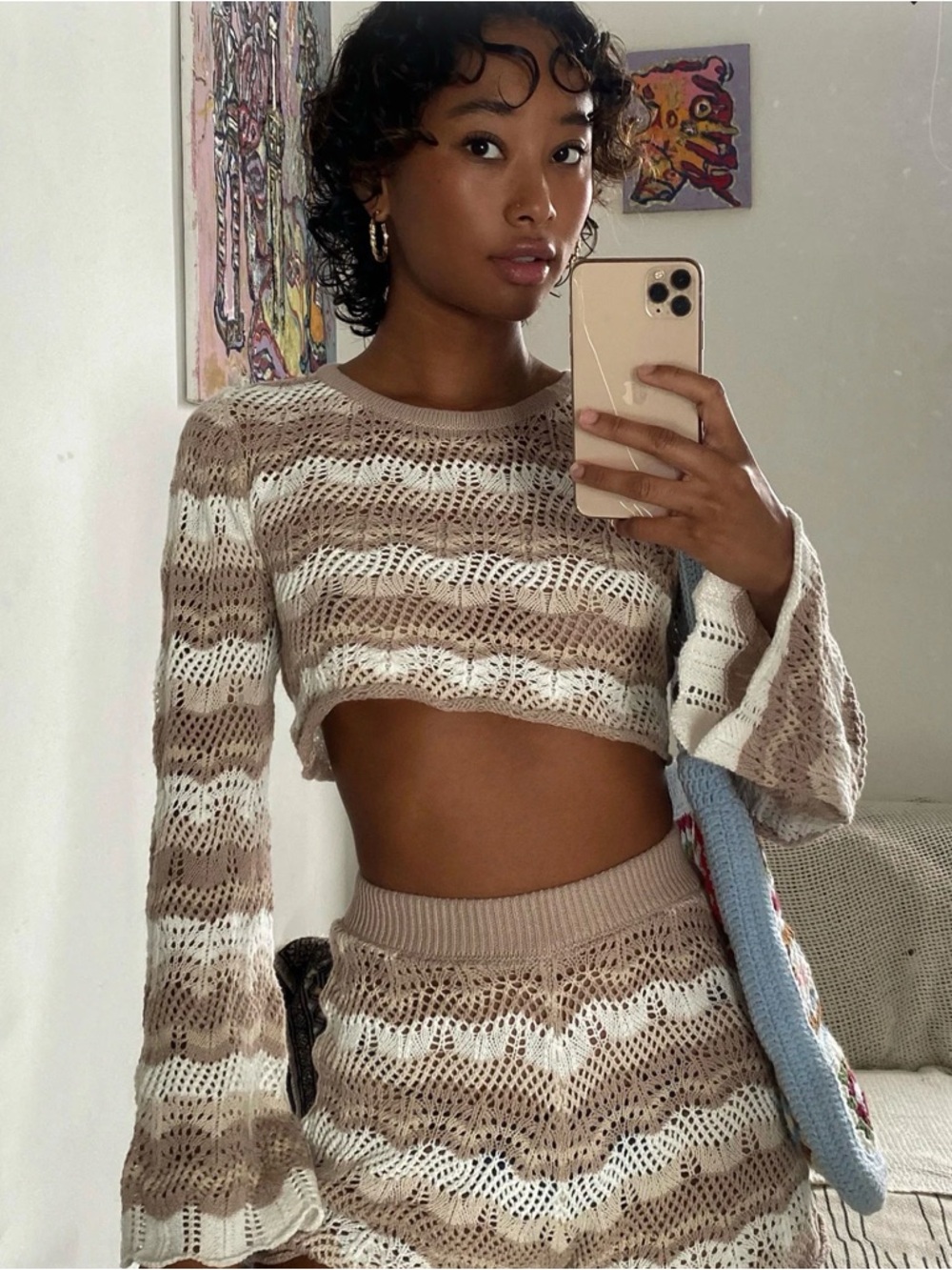 Princess Polly Beige and White Cropped Knit Top and Skirt Set